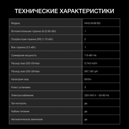 Газовая варочная поверхность Hyundai HHG 6438 BG черный