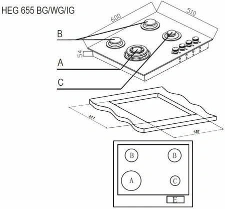 Встраиваемая газовая варочная панель EVELUX HEG 655 BG