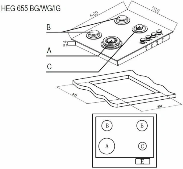 Встраиваемая газовая варочная панель EVELUX HEG 655 BG